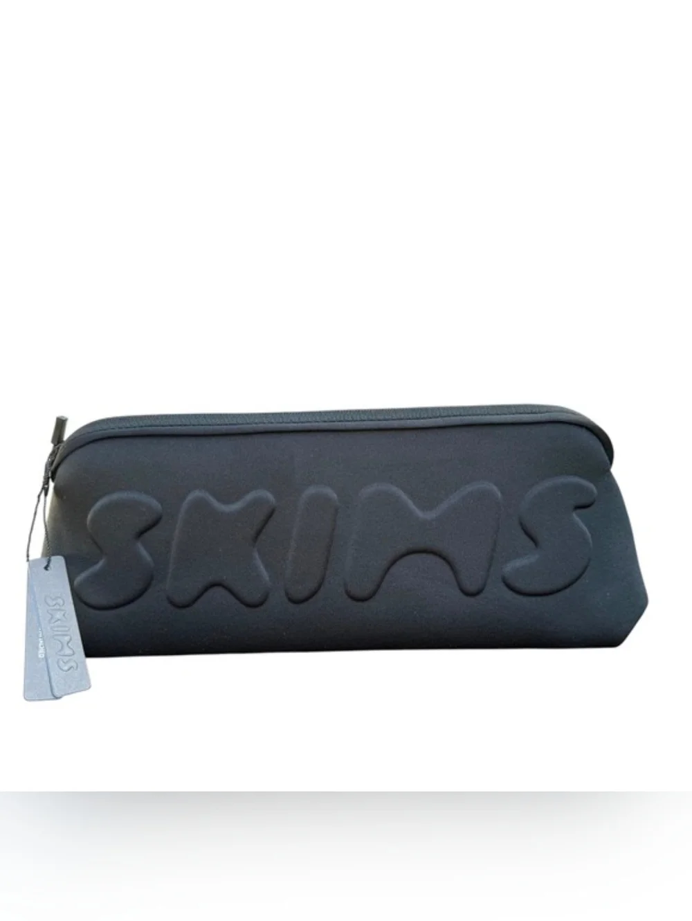 NWT SKIMS Black Embossed Logo Neoprene Pouch Cosmetic Swim Beach Bag 12.5 Inches